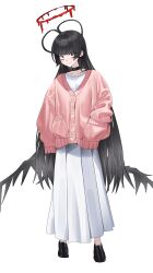 Rule 34 | 1girl, absurdres, antenna hair, black choker, black hair, black shoes, black wings, blood, blood halo, blue archive, blush, cardigan, casual, choker, closed mouth, dress, full body, halo, highres, liquid halo, long dress, long hair, low wings, pale skin, pink cardigan, shoes, simple background, solo, standing, tsurugi (blue archive), very long hair, white background, white dress, wings, yulmu98999