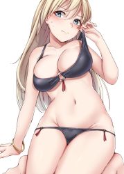 1girl bikini bismarck_(kancolle) blonde_hair breasts cleavage clothes_pull highres kantai_collection kiritto large_breasts long_hair looking_at_viewer navel one-piece_swimsuit_pull skindentation solo swimsuit