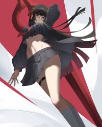 1girl adapted_costume arm_up black_hair black_shirt black_skirt breasts chisa_(wuthering_waves) commentary crop_top crop_top_overhang english_commentary hair_ribbon highres i_a_n large_breasts long_hair long_sleeves looking_at_viewer parted_lips pleated_skirt red_eyes red_ribbon ribbon shirt skirt solo stomach thigh_strap thighs very_long_hair wuthering_waves