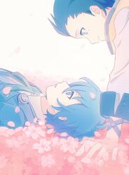 Rule 34 | 2boys, arm support, black hair, black necktie, black trim, blue eyes, blue hair, choco-reto (xusagix), closed mouth, collared shirt, commentary, eye contact, falling petals, fingernails, flower, formal clothes, gekkoukan high school uniform, hair slicked back, headphones, headphones around neck, highres, jacket, lapels, looking at another, lying, male focus, mochizuki ryouji, multiple boys, necktie, on back, open clothes, open jacket, parted lips, persona, persona 3, petals, pink flower, profile, scarf, school uniform, shirt, short sideburns, sleeve cuffs, smile, suit, suit jacket, white shirt, wing collar, yellow scarf, yuuki makoto (persona 3)