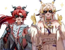 1boy 1girl arknights bai_wu_(niba997799) bare_shoulders beads black_gloves blonde_hair blue_hair brother_and_sister chinese_commentary colored_extremities commentary_request double_thumbs_up dragon_girl dragon_horns earrings fingerless_gloves gloves grey_hair hair_between_eyes hair_intakes horns jewelry long_hair necklace off_shoulder pointy_ears red_hair shu_(arknights) siblings simple_background single_fingerless_glove sketch sparkle sunglasses thumbs_up w white_background yu_(arknights)