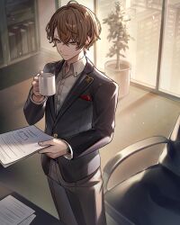 1boy black_jacket black_pants brown_hair closed_mouth cup highres holding holding_cup holding_paper jacket kagami_hayato kagami_hayato_(1st_costume) looking_down male_focus nijisanji pants paper short_hair smile solo tsugutoku virtual_youtuber