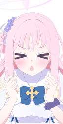 &gt;_&lt; 1girl absurdres blue_archive blue_bow blue_bowtie blush bow bowtie closed_eyes commentary_request fortysansan hair_bun halo hands_up highres long_hair mika_(blue_archive) open_mouth pink_hair pink_halo solo upper_body very_long_hair white_background