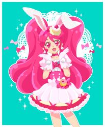 Rule 34 | 1girl, animal ears, aqua background, bare legs, big hair, border, bow, bow skirt, bowtie, brooch, buttons, cake, choker, collarbone, cowboy shot, cure whip, dot nose, earrings, extra ears, eyelashes, floppy ears, food, food-themed clothes, food-themed hair ornament, food print, frilled skirt, frilled sleeves, frills, fruit print, gloves, hair between eyes, hair ornament, hairband, happy, heart, heart print, jewelry, kirakira precure a la mode, lace, layered skirt, light blush, long hair, magical girl, miniskirt, open mouth, outline, outside border, pink bag, pink bow, pink bowtie, pink choker, pink eyes, pink gloves, pink hair, pink hairband, pink sleeves, pink vest, pom pom (clothes), pom pom earrings, precure, puffy short sleeves, puffy sleeves, rabbit ears, rabbit girl, shirt, short sleeves, skirt, skirt set, smile, solo, sparkle, square neckline, standing, strawberry brooch, strawberry print, strawberry shortcake, tareme, twintails, two-tone bag, usami ichika, very long hair, vest, waist bag, white border, white outline, white shirt, white skirt, yellow bag, yellow skirt, yosikawayuzu
