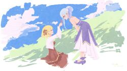 Rule 34 | 2girls, absurdres, anisphia wynn palettia, aqua hair, bent over, blonde hair, blue sky, closed eyes, clothing request, cloud, dated, day, dress, euphyllia magenta, flower, hair bun, hair flower, hair ornament, hair ribbon, high heels, highres, medium hair, multiple girls, outdoors, purple dress, purple eyes, purple shoes, red dress, red ribbon, ribbon, rnna, shoes, signature, sky, sleeveless, sleeveless dress, smelling, smelling flower, smile, tensei oujo to tensai reijou no mahou kakumei, white flower, yuri