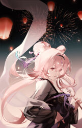 1girl absurdres animal_ears arknights bird black_dress black_hairband chinese_clothes chinese_new_year dress from_side hair_intakes hairband hand_fan hand_on_own_hip hanfu highres holding holding_fan jewelry lantern lin_(arknights) long_hair long_sleeves looking_at_viewer looking_to_the_side mouse_ears paper_lantern parrot pink_eyes pink_hair qixiong_ruqun sky_lantern smile solo tassel tuanshan upper_body very_long_hair zoe_(user_nfrc5473)