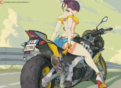 1girl bare_shoulders black_hair black_panties breasts butt_crack collar cutesexyrobutts denim denim_shorts elesa_(pokemon) from_behind highres license_plate looking_at_viewer looking_back medium_breasts motor_vehicle motorcycle nintendo no_bra panties pokemon pokemon_bw2 revealing_clothes short_shorts shorts solo straddling strapless thong tube_top underboob underwear watermark web_address whale_tail whale_tail_(clothing)