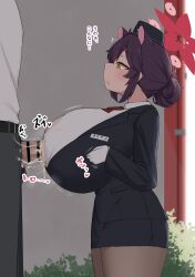 1boy 1girl absurdres animal_ears bar_censor black_hair blue_archive blush breasts censored clothed_sex clothes cum cum_on_body cum_on_breasts cum_on_upper_body ejaculation_between_breasts head_out_of_frame height_difference hetero highres huge_breasts japanese_text kaede_(blue_archive) kaede_(guide)_(blue_archive) large_penis long_hair looking_at_viewer male_pubic_hair noe_(ppppriver) open_mouth paizuri paizuri_under_clothes penis perpendicular_paizuri pubic_hair sensei_(blue_archive) sex shortstack standing_paizuri translated veins veiny_penis yellow_eyes