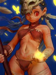 1girl animal bandaged_arm bandaged_leg bandages blue_background blue_hair body_markings bug butterfly cameltoe closed_mouth ear_piercing earrings eyelashes facial_mark feather_hair_ornament feathers fingernails glowing gluteal_fold hair_ornament highres holding holding_polearm holding_weapon hoop_earrings insect jewelry long_eyelashes long_hair motion_blur navel orb original piercing polearm poritive red_eyes simple_background skull skull_on_head transparent tribal very_long_hair weapon yellow_butterfly