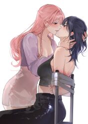 2girls arms_behind_back backless_outfit bdsm black_pants black_tank_top blush bondage bound breasts bruise cleavage commentary crop_top dress duct_tape ear_piercing fresa_pie hand_in_another&#039;s_hair heart heart-shaped_pupils highres injury jacket kiss long_hair medium_breasts multiple_girls original pants piercing pink_dress pink_hair pink_pupils purple_hair purple_jacket simple_background sweat symbol-only_commentary symbol-shaped_pupils tank_top white_background yuri