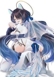 1girl absurdres animal_ears ass black_hair blue_bow blue_eyes blue_hair bow breasts clothing_cutout colored_inner_animal_ears commission dress erina_makina fur-trimmed_sleeves fur_trim gomadarehamachi hair_over_one_eye highres large_breasts long_hair looking_at_viewer mechanical_arms median_furrow multicolored_hair open_mouth phase_connect second-party_source see-through_clothes see-through_sleeves sideboob single_mechanical_arm single_thighhigh skeb_commission skindentation smile solo streaked_hair tail tail_bow tail_ornament thigh_strap thighhighs tiger_ears tiger_girl tiger_tail v virtual_youtuber white_dress white_thighhighs