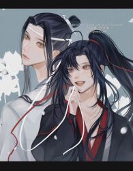 2boys ahoge back-to-back bishounen black_hair black_hanfu chinese_clothes closed_mouth collarbone couple falling_petals fang flower grey_eyes hair_ribbon hand_up hanfu headband heart heart_ahoge high_ponytail highres holding holding_ribbon lan_wangji letterboxed long_hair long_sleeves looking_at_another male_focus modao_zushi multiple_boys ojisan_rbt open_mouth parted_bangs petals ponytail red_ribbon ribbon robe sidelocks sleeves_past_wrists smile topknot twitter_username upper_body watermark wei_wuxian white_flower white_hanfu white_headband white_ribbon wide_sleeves xiao_guan_(headdress) yaoi yellow_eyes