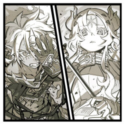 1boy 1girl albaz_(yu-gi-oh!) collarbone covering_one_eye dogmatika_ecclesia_the_virtuous duel_monster ecclesia_(yu-gi-oh!) facial_mark fallen_of_albaz forehead_mark gloves greyscale horns monochrome official_art short_hair yu-gi-oh!