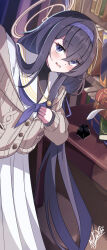 1girl absurdly_long_hair absurdres black_hair black_shirt blue_archive blush book bookshelf brown_cardigan cardigan commentary_request crossed_bangs feet_out_of_frame hair_between_eyes hairband halo highres indoors inkwell layered_shirt library long_hair long_sidelocks long_sleeves looking_at_viewer neckerchief open_mouth partially_unbuttoned peanut_mouth purple_eyes purple_hairband purple_neckerchief quill sailor_collar selfie shirt sidelocks signature solo standing table turtleneck ui_(blue_archive) very_long_hair vtitalianlion46 white_sailor_collar white_shirt yellow_halo