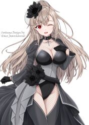 1girl :d absurdres alternate_costume belt black_belt black_choker black_dress black_flower black_gloves black_leotard bodystocking breasts brown_hair choker cleavage commentary cowboy_shot cross cross_choker dress english_commentary eydis_(sao) eyelashes fishnet_bodystocking fishnets flower flower_ornament gloves groin hand_on_own_chest headwear_request highleg highleg_leotard highres large_breasts leotard long_hair looking_at_viewer one_eye_closed open_clothes open_dress open_mouth phanuchan red_eyes simple_background smile solo sword_art_online sword_art_online:_alicization sword_art_online:_unleashed_blading twitter_username variant_set white_background