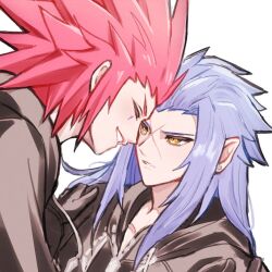 Rule 34 | 2boys, axel (kingdom hearts), black coat, black coat (kingdom hearts), black gloves, blue hair, closed eyes, coat, commentary, ear piercing, facial mark, forehead-to-forehead, furrowed brow, gloves, grin, hair intakes, hair slicked back, hands on another&#039;s shoulders, heads together, hood, hood down, hooded coat, kingdom hearts, long hair, long sleeves, male focus, multiple boys, piercing, pointy ears, saix, smile, spiked hair, squidkid528, standing, upper body, white background, yaoi, yellow eyes, zipper