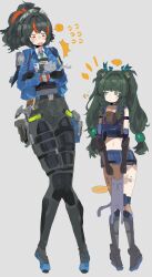 Rule 34 | ..., 2girls, ?, absurdres, android, animal, black gloves, black hair, blue jacket, blue shorts, blush, braided sidelock, cat, checkered necktie, collared shirt, crop top, full body, gloves, green eyes, green hair, hairband, high-waist pants, highres, holding, holding animal, jacket, long hair, metal hairband, multicolored hair, multiple girls, necktie, odmised, open clothes, open jacket, pants, police, police badge, police uniform, policewoman, ponytail, qingyi (zenless zone zero), red streaks, shirt, shorts, sphere hair ornament, streaked hair, tight clothes, tight pants, twintails, zenless zone zero, zhu yuan