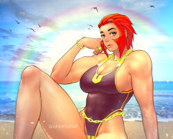 Rule 34 | 1girl, alternate costume, alternate hairstyle, beach, bird, black one-piece swimsuit, bracelet, breasts, chain, chain belt, chain necklace, commentary, english commentary, gold chain, highleg, highleg one-piece swimsuit, highres, jewelry, large breasts, marisa (street fighter), mole, mole under eye, muscular, muscular female, necklace, ocean, one-piece swimsuit, quasimodox, rainbow, red hair, solo, street fighter, street fighter 6, swimsuit