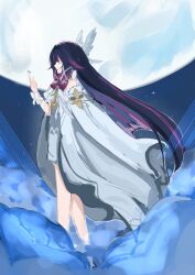 1girl bare_shoulders black_hair blue_flower blue_petals blunt_bangs blunt_tresses bow closed_eyes closed_mouth columbina_(genshin_impact) dress eye_mask eyelashes facing_to_the_side farl_g field flower flower_field from_side full_moon genshin_impact hair_ribbon hand_up highres index_finger_raised long_hair mid-stride moon night night_sky pink_hair ribbon sky solo tress_ribbon very_long_hair white_bow white_dress white_mask white_ribbon wrist_bow