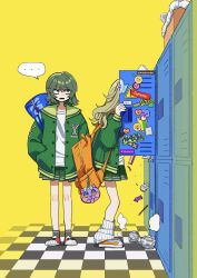 Rule 34 | ..., 2girls, backpack, bag, blonde hair, candy wrapper, checkered floor, colored pencil, crumpled paper, double horizontal stripe, gloom (expression), green hair, green jacket, green skirt, grey eyes, grey socks, heart, highres, jacket, legs apart, letterman jacket, locker, long hair, long sleeves, looking at another, loose socks, miniskirt, multiple girls, open clothes, open jacket, open mouth, orange bag, orange shoes, original, pencil, pleated skirt, red shoes, ribbed socks, shirt, shoes, short hair, shoshinsha mark, sign, simple background, skirt, smiley face, socks, speech bubble, spoken ellipsis, standing, supreme (brand), warning sign, white shirt, white socks, yellow background, yoshioka suke