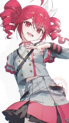 1girl absurdres ahoge akaike belt black_belt buttons double-breasted double-parted_bangs drill_hair frilled_skirt frills grey_jacket grey_skirt hair_between_eyes hair_ribbon head_tilt highres jacket kasane_teto kasane_teto_(sv) long_sleeves looking_at_viewer open_mouth pleated_skirt polka_dot polka_dot_shadow red_eyes red_hair red_trim ribbon shoulder_belt skirt smile solo striped_clothes striped_jacket twin_drills utau v v-shaped_eyebrows white_background white_ribbon