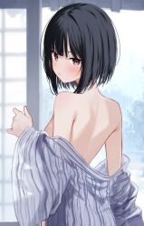 1girl absurdres back black_hair blunt_bangs blush bob_cut_girl_(memekko) breasts brown_eyes closed_mouth commentary_request from_behind highres japanese_clothes kimono kimono_pull looking_at_viewer looking_back medium_hair memekko navel original small_breasts solo striped_clothes striped_kimono vertical-striped_clothes vertical-striped_kimono white_kimono yukata