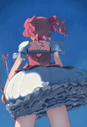 1girl absurdres back_cutout bare_arms blue_sky bow bow_(weapon) bow_choker bubble_skirt chinese_commentary choker clothing_cutout commentary_request cowboy_shot day dress dress_bow faux_traditional_media floating_clothes floating_hair flower frilled_dress frilled_skirt frilled_sleeves frills from_behind from_below hair_bow heart_cutout highres holding holding_bow_(weapon) holding_weapon impasto indebio002 kaname_madoka light_particles mahou_shoujo_madoka_magica mahou_shoujo_madoka_magica_(anime) miniskirt no_gloves outdoors petticoat pink_bow pink_choker pink_dress pink_flower pink_hair pink_rose puffy_short_sleeves puffy_sleeves rose short_dress short_hair short_sleeves short_twintails shoulder_blades skirt skirt_under_dress sky solo sparkle square_neckline thighs twintails wavy_hair weapon white_skirt white_sleeves wind