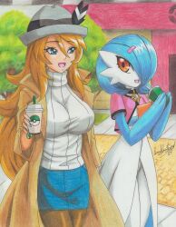 absurdres black_pantyhose blonde_hair gardevoir gen_3_pokemon highres long_hair nintendo pantyhose pokemon pokemon_xy ravernclouk serena_(pokemon) shirt white_shirt