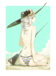 1girl absurdres border butt_crack commentary dudrinm earrings elf english_commentary frieren from_behind green_eyes gun hat highres holding holding_gun holding_weapon jewelry long_hair panties pointy_ears solo sousou_no_frieren striped_clothes striped_panties topless_female underwear weapon white_border white_hair