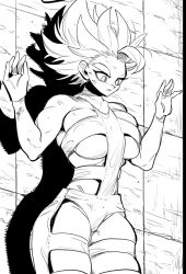 Rule 34 | 1girl, alternate costume, breasts, commentary request, dragon ball, genderswap, genderswap (mtf), gogeta, greyscale, hands up, monochrome, nanika (nnkgh), saiyan, short hair, solo, spiked hair, super saiyan, super saiyan 1