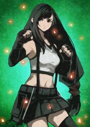 Rule 34 | 1girl, bare shoulders, black gloves, black hair, black skirt, black sports bra, black thighhighs, breasts, clenched hands, closed mouth, collarbone, cowboy shot, crop top, e-kaki, elbow gloves, fighting stance, final fantasy, final fantasy vii, final fantasy vii rebirth, final fantasy vii remake, fingerless gloves, gloves, gradient background, green background, highres, long hair, low-tied long hair, midriff, miniskirt, navel, single sidelock, skirt, solo, sports bra, suspender skirt, suspenders, swept bangs, tank top, thighhighs, tifa lockhart, very long hair, white tank top, zettai ryouiki