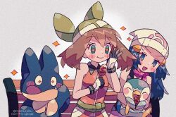 2girls bandana beanie bench black_hair blue_eyes blue_hair blush breasts brown_hair closed_mouth dawn_(pokemon) fanny_pack gen_4_pokemon gloves green_bandana hair_ornament hairclip hat holding long_hair may_(pokemon) mgomurainu multiple_girls munchlax nintendo on_bench open_mouth orange_shirt piplup poke_ball_print poke_ball_symbol pokemon pokemon_(anime) pokemon_(creature) pokemon_dppt pokemon_dppt_(anime) pokemon_emerald pokemon_rse pokemon_rse_(anime) red_scarf scarf shirt short_hair sitting sleeveless smile upper_body white_hat