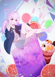 1girl 2406219391 absurdres ahoge black_jacket black_neckerchief blue_archive commentary cup drink drinking_glass drinking_straw food full_body grey_shirt grey_skirt hair_ornament halo highres ice ice_cube jacket low_twintails midriff_peek neckerchief open_clothes open_jacket parfait pleated_skirt purple_eyes purple_hair purple_shoes reisa_(blue_archive) sailor_collar shirt shoes skirt socks solo star_(symbol) star_hair_ornament star_halo striped_clothes striped_socks twintails v white_sailor_collar