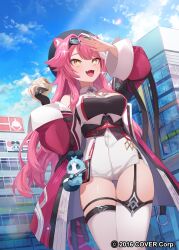 1girl animal_ears artist_glove beret black_gloves black_hat black_tube_top blue_sky breasts cat_ears cat_girl cat_tail cleavage cloud food gloves goggles goggles_on_head hat highres holding_bun hololive hololive_english jacket large_breasts looking_at_viewer multicolored_hair official_art pink_hair pink_jacket raora_panthera raora_panthera_(1st_costume) shorts sky solo steamed_bun strapless streaked_hair tail tamago_nezumi thigh_strap thighhighs tube_top virtual_youtuber water white_hair white_shorts white_thighhighs yellow_eyes