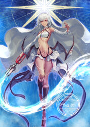 152_in_can 1girl absurdres altera_(fate) bandeau black_panties breasts commentary_request dark-skinned_female dark_skin dated detached_sleeves fate/grand_order fate_(series) full_body highres holding holding_sword holding_weapon midriff navel panties photon_ray_(fate) short_hair small_breasts solo sword underwear veil weapon white_bandeau white_hair white_sleeves white_veil