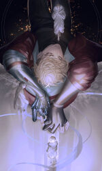 2boys absurdres barefoot black_pants blonde_hair brothers coat fingernails giant highres hood hood_down hooded_robe light_particles long_sleeves lying male_focus millions_knives mole mole_under_eye multiple_boys multiple_views on_back pants prosthesis prosthetic_arm red_coat robe siblings trigun trigun_stampede vash_the_stampede walking yakikesen