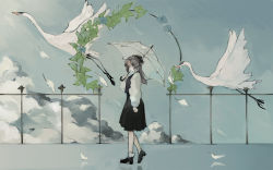 1girl artist_name bird black_footwear black_ribbon black_skirt black_vest blouse blue_flower cloud commentary day english_commentary feathers flower flower_wreath from_side grey_eyes grey_hair hair_ornament hair_ribbon hand_up highres holding holding_umbrella leaf long_hair long_sleeves original outdoors pleated_skirt railing ribbon shirt skirt socks solo standing standing_on_one_leg sugarlisu swan transparent transparent_umbrella umbrella vest white_feathers white_shirt wide_shot x_hair_ornament