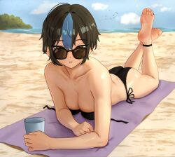 Rule 34 | 1girl, anklet, ass, barefoot, beach, beach towel, bikini, black bikini, black hair, black nails, blue hair, blue sky, blurry, blurry background, breasts, brown hair, collarbone, day, feet, feet up, full body, jewelry, looking at viewer, lying, medium breasts, multicolored hair, nail polish, nihu, ocean, on stomach, original, outdoors, parted lips, short hair, side-tie bikini bottom, sidelocks, sky, soles, solo, streaked hair, sunglasses, swimsuit, the pose, tinted eyewear, toenail polish, toenails, toes, towel, undone bikini