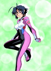 Rule 34 | 1girl, antenna hair, blue eyes, blue hair, bodysuit, breasts, covered navel, dangaiou, great dangaioh, green background, green eyes, looking at viewer, manami mishio, medium breasts, onnaski, retro artstyle, science fiction, short hair, simple background, solo
