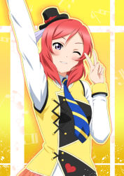 10s 1girl absurdres female_focus hat highres love_live! love_live!_school_idol_project mini_hat mini_top_hat nishikino_maki oku_no_shi one_eye_closed purple_eyes red_hair short_hair solo sunny_day_song top_hat v