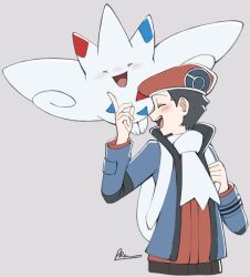 Rule 34 | 1boy, :d, black hair, blue jacket, closed eyes, coat, gen 4 pokemon, grey background, hat, jacket, lucas (pokemon), nintendo, open mouth, poke ball print, pokemon, pokemon (creature), pokemon dppt, pokemon platinum, red hat, scarf, smile, togekiss, white bag, winter clothes, xgravityrosex