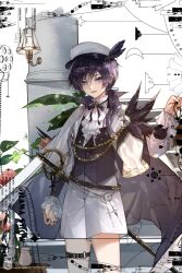 1658751234 1boy absurdres aiguillette ascot belt black_belt black_bow black_bowtie black_cape black_feathers black_gemstone black_nails black_vest bow bowtie cape chest_jewel collared_cape column cowboy_shot feathers frilled_shirt_collar frilled_sleeves frills gem genshin_impact hair_over_shoulder hat highres leg_belt long_hair long_sleeves looking_at_viewer male_focus parted_lips pillar plant ponytail purple_eyes scaramouche_(genshin_impact) shorts sidelighting solo sparkle sword vest watermark weapon white_ascot white_background white_cape white_hat white_shorts white_sleeves