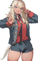 1girl au_ra black_jacket black_necktie black_shorts blonde_hair blue_eyes braid breasts collared_jacket collared_shirt double_v dragon_girl dragon_horns fang final_fantasy final_fantasy_xiv hair_ribbon highres horns jacket looking_at_viewer necktie open_clothes open_jacket red_shirt ribbon scales shirt shorts skin_fang solo torisanff14 v warrior_of_light_(ff14) white_background