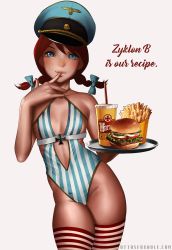 1girl bare_shoulders blue_eyes braid breasts burger commentary drink female_focus food freckles french_fries hat highleg highleg_leotard highres holding holding_tray leotard looking_at_viewer nazi otto peaked_cap product_girl red_hair revealing_clothes short_hair short_twintails simple_background small_breasts solo standing striped_clothes striped_thighhighs thighhighs tray twin_braids twintails watermark web_address wendy&#039;s wendy_(wendy&#039;s)