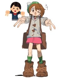 &gt;_o +++ 1girl ;d arrcticc_fish backpack bag boots brown_bag brown_eyes brown_footwear brown_hair buttons cardigan commentary creatures_(company) double_gyaru_v dress full_body game_freak gloria_(pokemon) green_hat green_socks grey_cardigan gyaru_v happy hat highres irasutoya irasutoya_challenge medium_hair nintendo one_eye_closed open_mouth pink_dress pokemon pokemon_swsh reference_inset smile socks standing tam_o&#039;_shanter v white_background