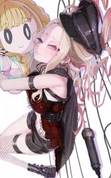 1girl atari_(eurf8445) black_hat black_shorts blonde_hair blush breasts bridal_gauntlets character_doll commentary_request fingernails fishnet_bridal_gauntlets fishnet_thighhighs fishnets forehead fujita_kotone gakuen_idolmaster hair_spread_out hat hugging_doll hugging_object idolmaster juo_sena knees_up long_hair looking_at_viewer lying medium_breasts microphone nail_polish official_alternate_costume on_back our_chant_(idolmaster) peaked_cap short_shorts shorts sideways signature single_thighhigh smile solo thighhighs