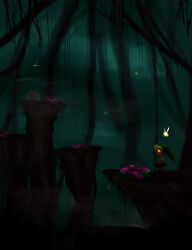 Rule 34 | 1boy, blonde hair, cave, cave interior, deku link, deku shield, fairy, flower, from side, full body, gloves, glowing, glowing eyes, green background, hat, link, nintendo, plant roots, shield, solo, standing, suzulin, tatl, the legend of zelda, the legend of zelda: majora&#039;s mask, treasure chest, tree