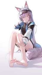 Rule 34 | 1girl, absurdres, animal ear fluff, animal ears, bare legs, barefoot, black shorts, blush, commission, feet, goggles, goggles on head, gradient background, grey hair, hair ornament, highres, long hair, looking at viewer, lying, on side, original, shadow, shorts, soles, solo, tail, toes, variant set, very long hair, zhenli-mari