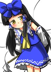 1girl ascot bat_wings black_hair bow cosplay detached_sleeves fairy_wings female_focus gaoo_(frpjx283) gohei hair_bow hair_tubes hakurei_reimu hakurei_reimu_(cosplay) haraegushi highres long_hair oonusa solo star_sapphire touhou wings yellow_eyes