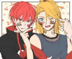 2boys akatsuki_uniform black_nails blonde_hair blue_eyes cherry deidara_(naruto) fishnet_top fishnets food fruit green_nails hands_on_another&#039;s_face hayamin35 heart high_ponytail hug implied_yaoi jewelry long_hair looking_at_viewer male_focus multiple_boys naruto_(series) naruto_shippuuden one_eye_closed open_clothes open_robe ponytail red_eyes red_hair ring robe sasori_(naruto) simple_background sketch star_(symbol) sticker_on_face
